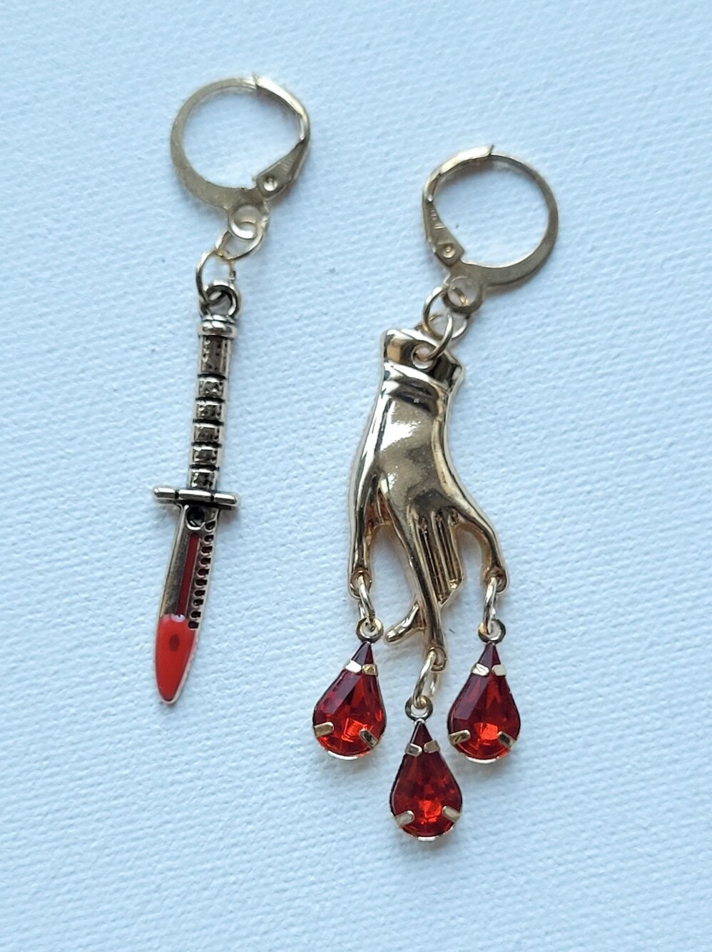 Gold Hand & Red Teardrop Dangle Earrings Bloody Knife - Accessories NWOT